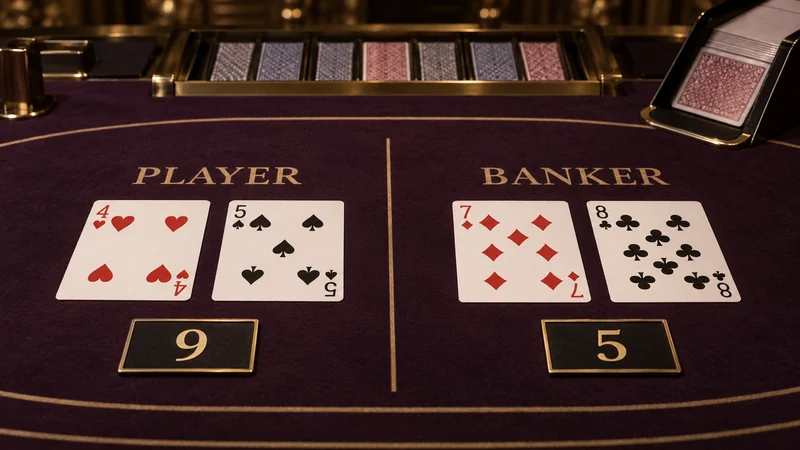 Player ဘက် 4 နှင့် 5 ကတ်၊ Banker ဘက် 7 နှင့် 8 ကတ်တို့ကို 9 မှတ်နှင့် 5 မှတ်ပြထားသည့် Baccarat စားပွဲသရုပ်ဖော်ပုံ