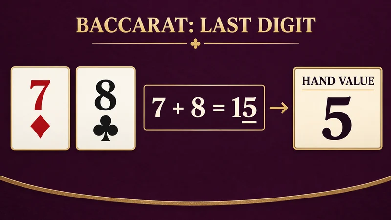 Baccarat ကတ် 7 နှင့် 8 ကို ပေါင်းလျှင် 15 ရပြီး နောက်ဆုံးဂဏန်း 5 ကို လက်ရမှတ်ယူကြောင်း ပြထားသည့်ပုံ
