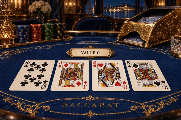 Baccarat zero-value ကတ်10၊J၊Q၊K ကို အသေးစိတ်ဖော်ပြထားသော casino စိတ်ကူးမြင်ကွင်း။