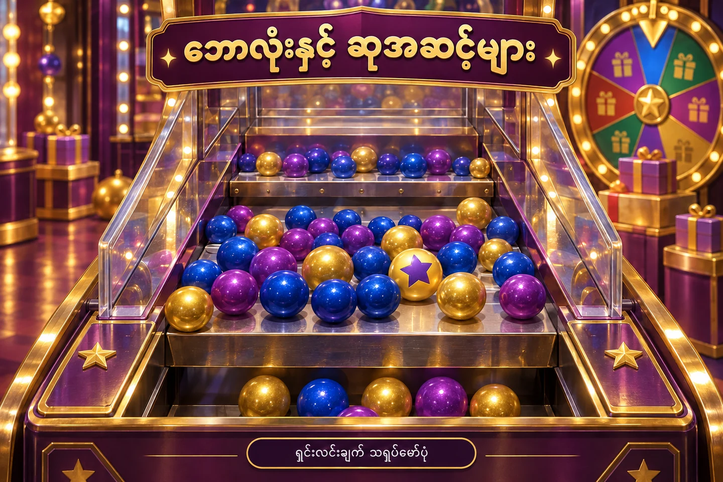 ဘောလုံးအပြာ၊ ခရမ်းနှင့် ရွှေရောင်တို့ပါဝင်သည့် arcade ဘောလုံးတွန်းဘုတ် သရုပ်ဖော်ပုံ